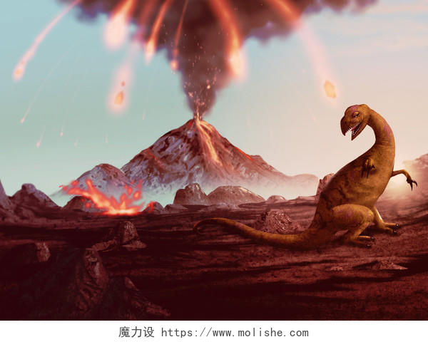 火山爆发降下火无奈的恐龙的插图无奈